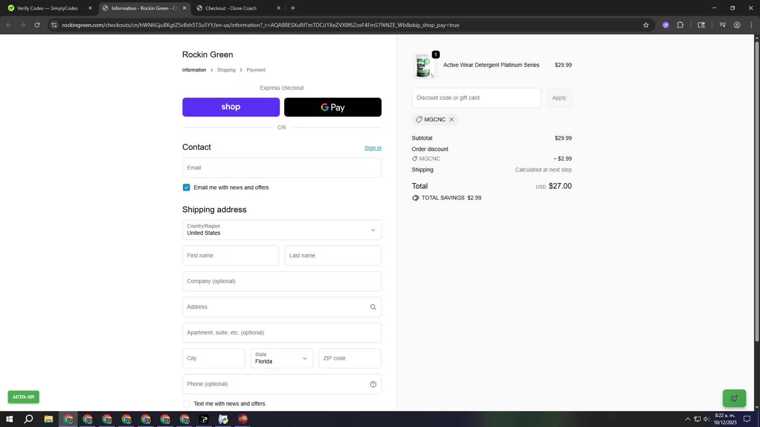 Rockin' Green discount code screenshot showing code MGCNC applied at Rockin' Green checkout page. Uploaded by SimplyCodes community member aaaaaaaaaaaaaaaaaaaaa on Dec 10, 2025