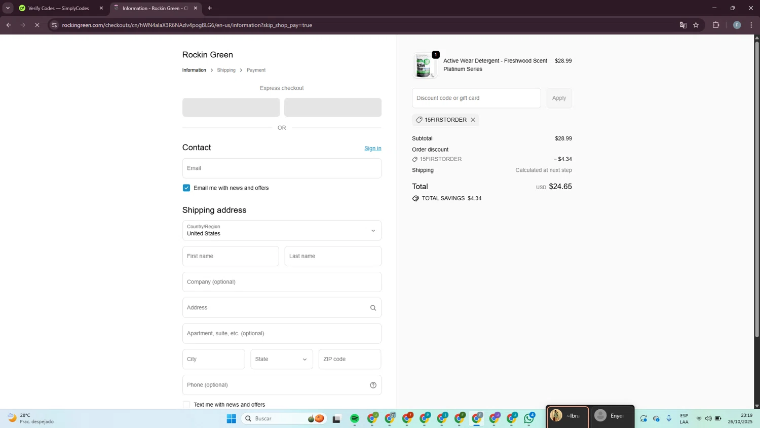 Rockin' Green discount code screenshot showing code 15FIRSTORDER applied at Rockin' Green checkout page. Uploaded by SimplyCodes community member MagnificentLynx1486 on Oct 27, 2025