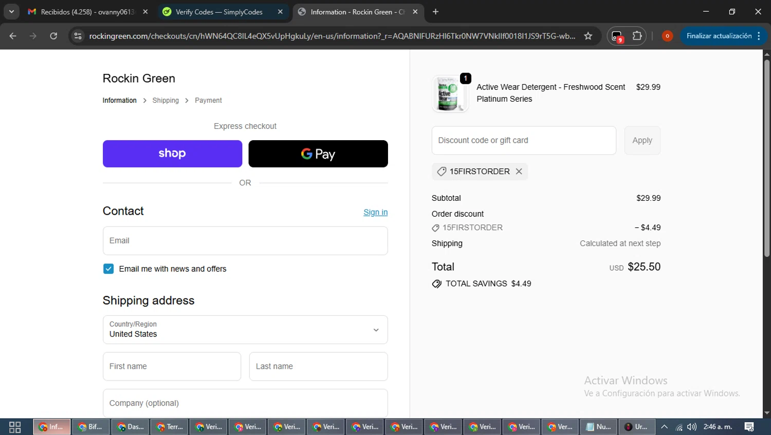 Rockin' Green discount code screenshot showing code 15FIRSTORDER applied at Rockin' Green checkout page. Uploaded by SimplyCodes community member WiseTracker2171 on Dec 5, 2025