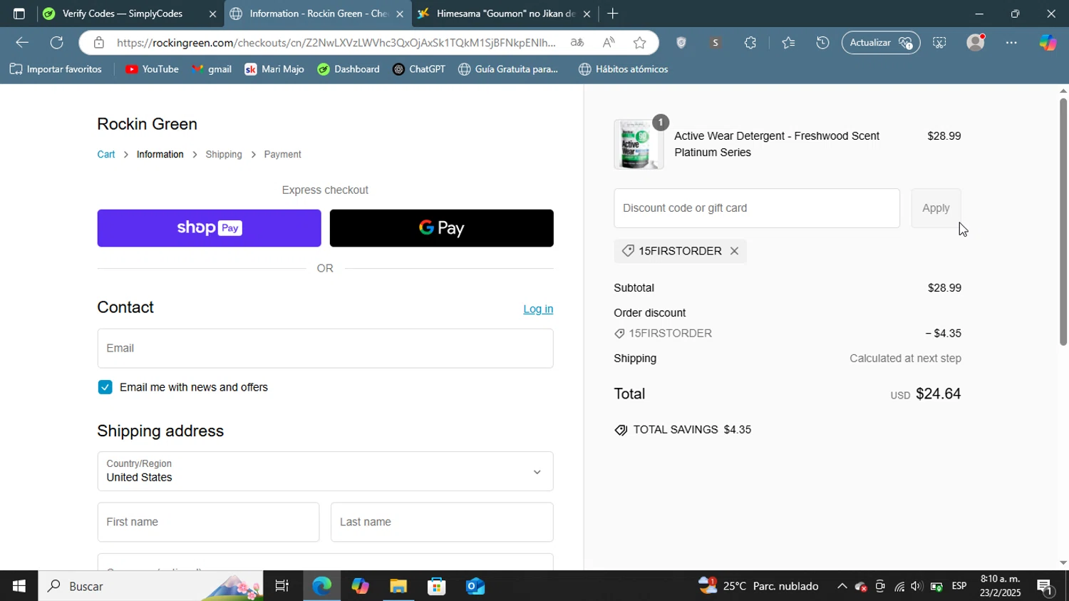 Rockin' Green discount code screenshot showing code 15FIRSTORDER applied at Rockin' Green checkout page. Uploaded by SimplyCodes community member ShieldGenius127 on Feb 23, 2025