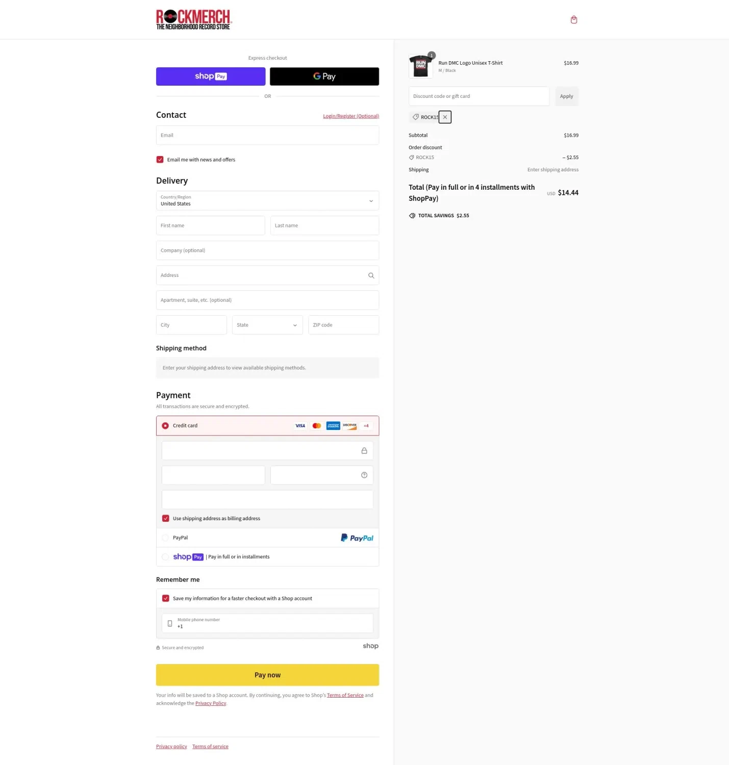 Rock Merch checkout page showing Rock Merch discount code box | Screenshot taken by SimplyCodes community member on Jan 11, 2025