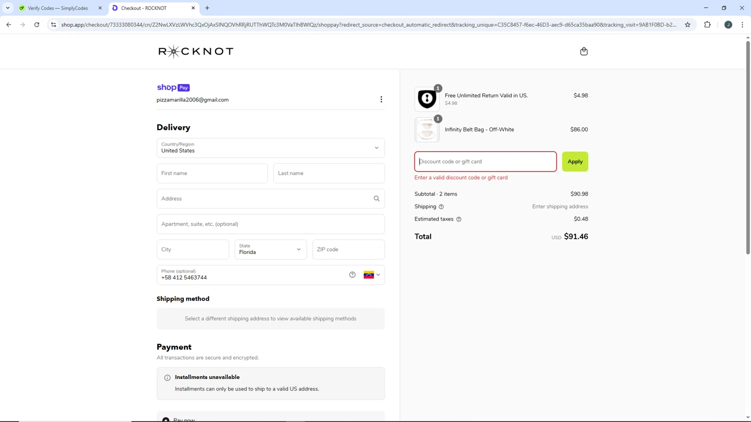 ROCKNOT coupon code screenshot showing code THEDIYDESIGNER applied at ROCKNOT checkout page. Uploaded by SimplyCodes community member AVATIGRITO on Apr 25, 2025