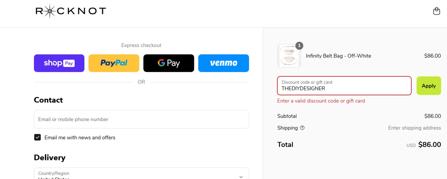 ROCKNOT coupon code screenshot showing code THEDIYDESIGNER applied at ROCKNOT checkout page. Uploaded by SimplyCodes community member NinjaShoyo on Apr 25, 2025