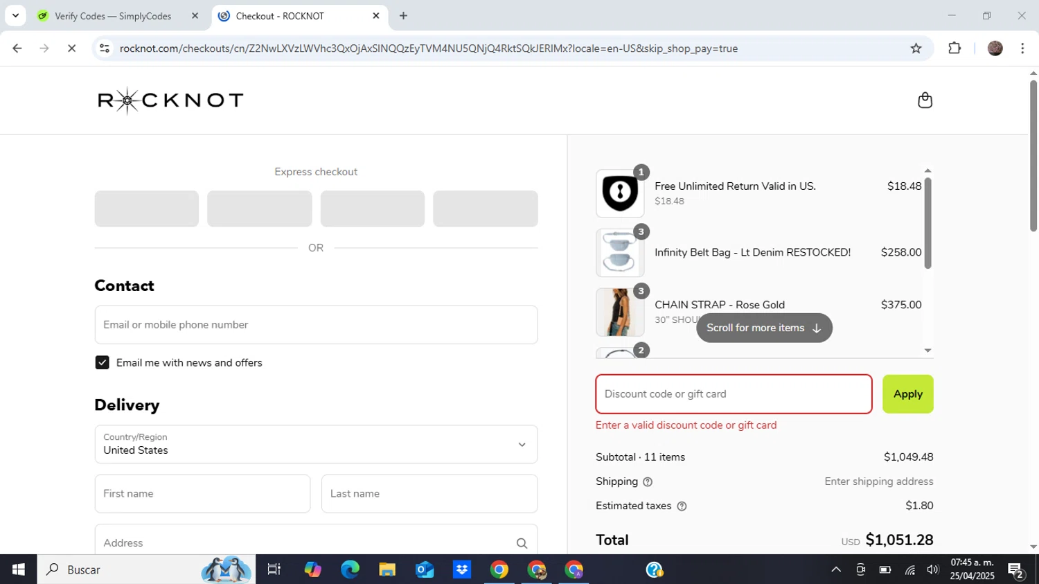 ROCKNOT coupon code screenshot showing code THEDIYDESIGNER applied at ROCKNOT checkout page. Uploaded by SimplyCodes community member BonusEagle6359 on Apr 25, 2025