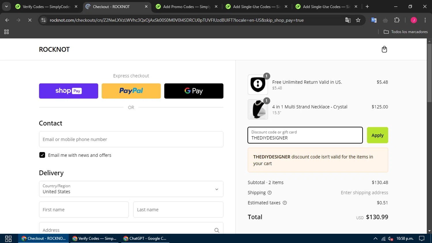 ROCKNOT checkout page showing ROCKNOT coupon code box | Screenshot taken by SimplyCodes community member on Feb 15, 2025