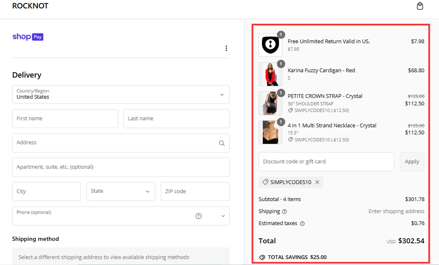 ROCKNOT coupon code screenshot showing code SIMPLYCODES10 applied at ROCKNOT checkout page. Uploaded by SimplyCodes community member RebateHunter3112 on Feb 3, 2025