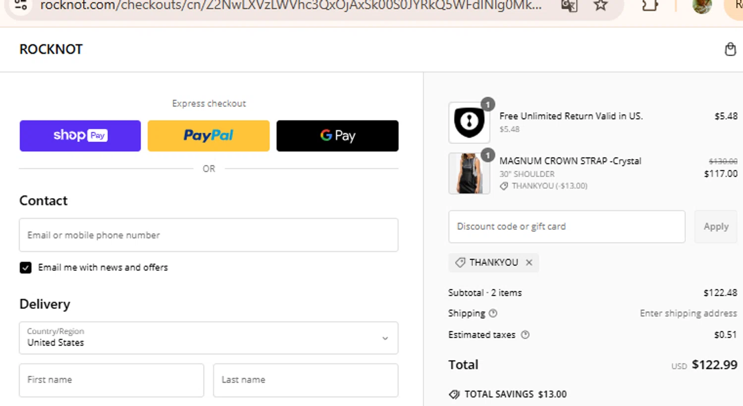 ROCKNOT checkout page showing ROCKNOT coupon code box | Screenshot taken by SimplyCodes community member on Feb 23, 2025