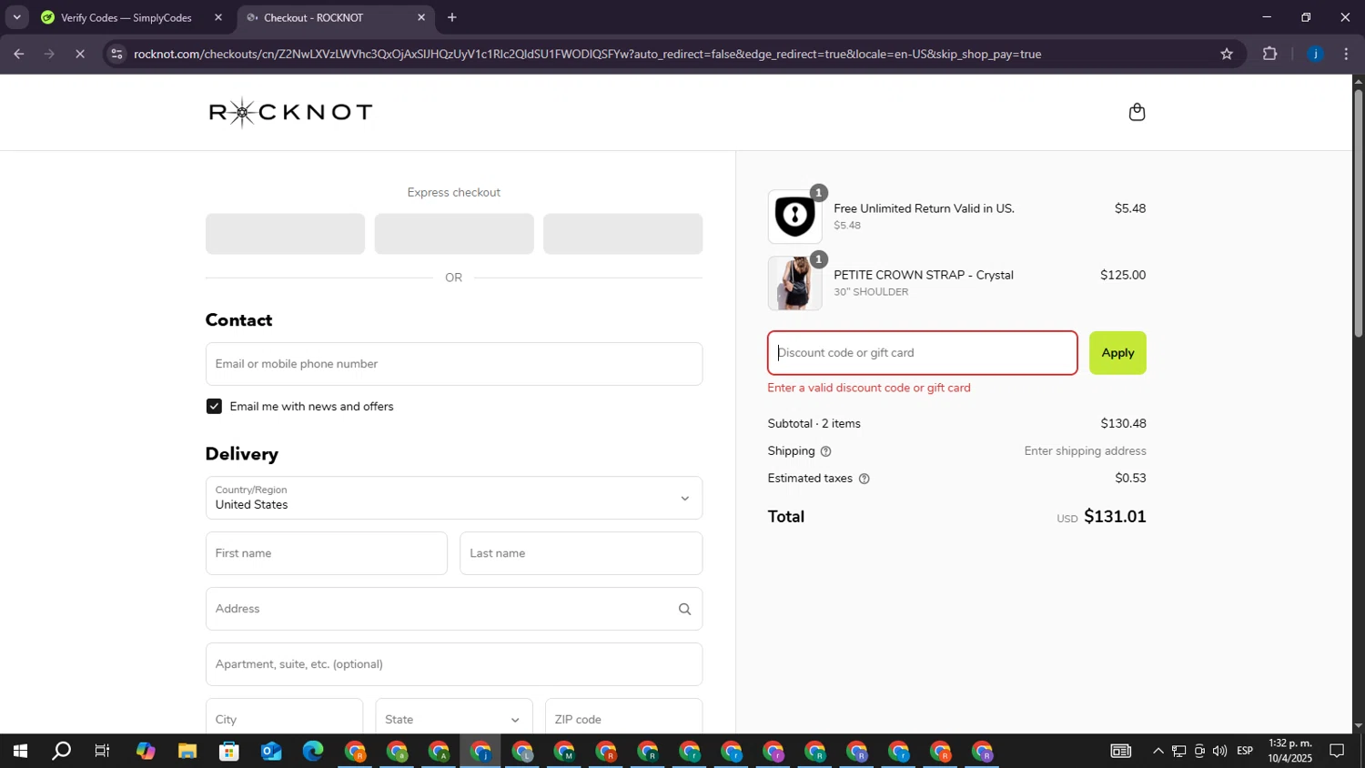 ROCKNOT coupon code screenshot showing code THANKYOU applied at ROCKNOT checkout page. Uploaded by SimplyCodes community member CrownElite7615 on Apr 10, 2025