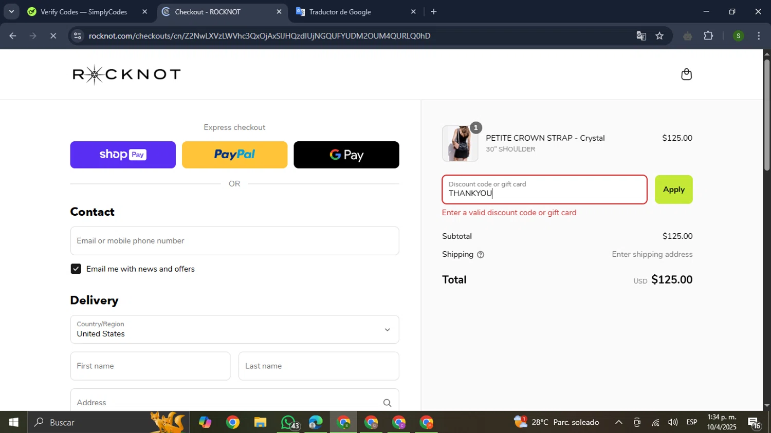 ROCKNOT coupon code screenshot showing code THANKYOU applied at ROCKNOT checkout page. Uploaded by SimplyCodes community member RewardMaverick445 on Apr 10, 2025