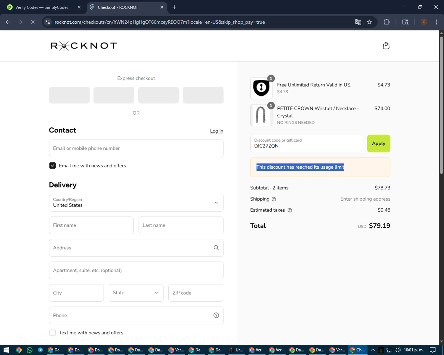 ROCKNOT coupon code screenshot showing code DJC27ZQN applied at ROCKNOT checkout page. Uploaded by SimplyCodes community member Legendar on Aug 22, 2025