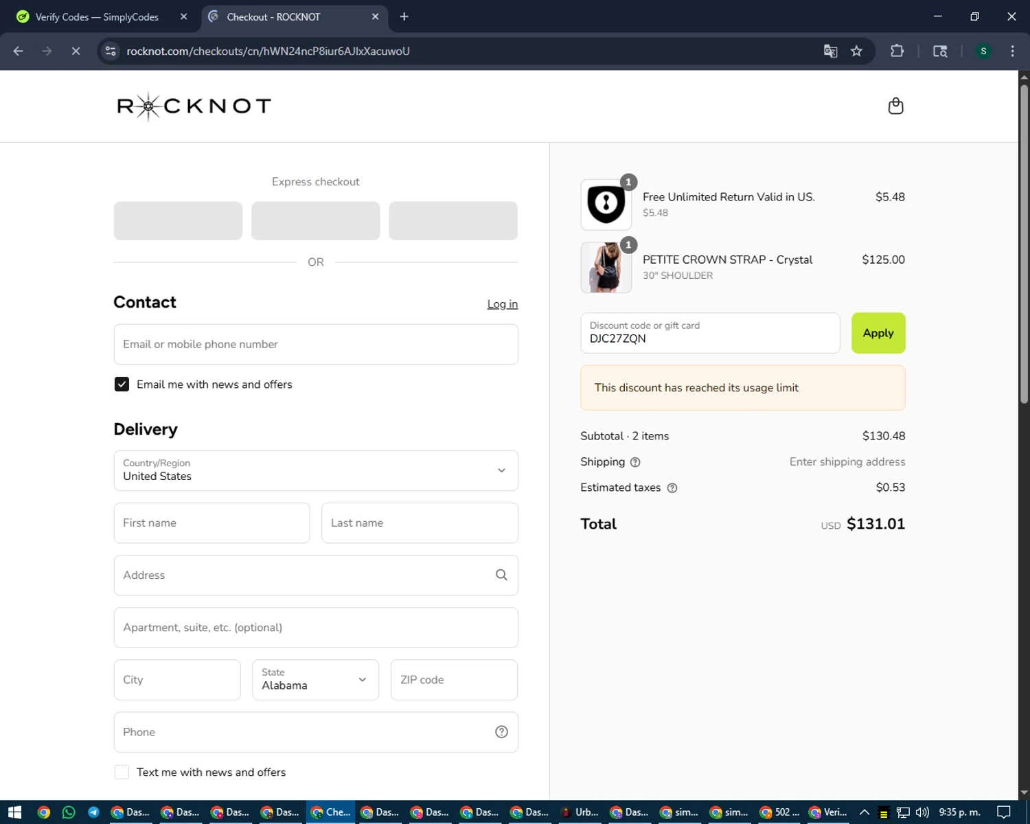 ROCKNOT coupon code screenshot showing code DJC27ZQN applied at ROCKNOT checkout page. Uploaded by SimplyCodes community member lilMosey on Aug 22, 2025