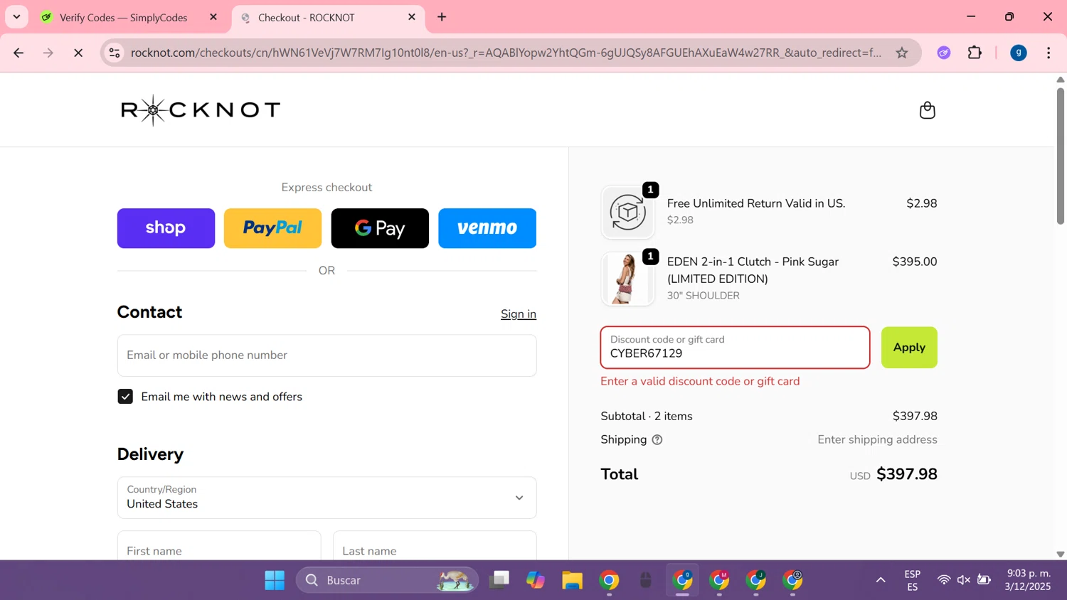 ROCKNOT coupon code screenshot showing code CYBER67129 applied at ROCKNOT checkout page. Uploaded by SimplyCodes community member MoneyTiger7289 on Dec 4, 2025