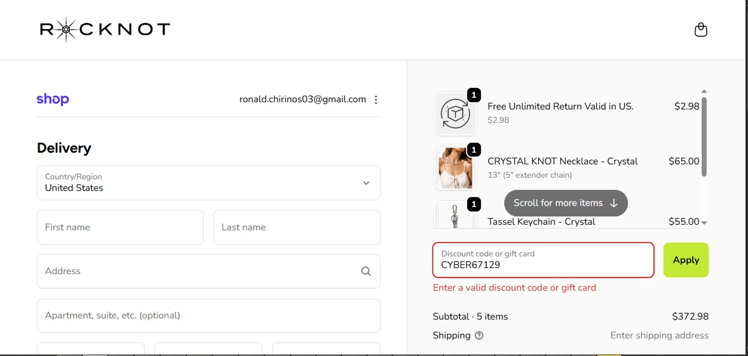 ROCKNOT coupon code screenshot showing code CYBER67129 applied at ROCKNOT checkout page. Uploaded by SimplyCodes community member WiseSage2777 on Feb 19, 2026