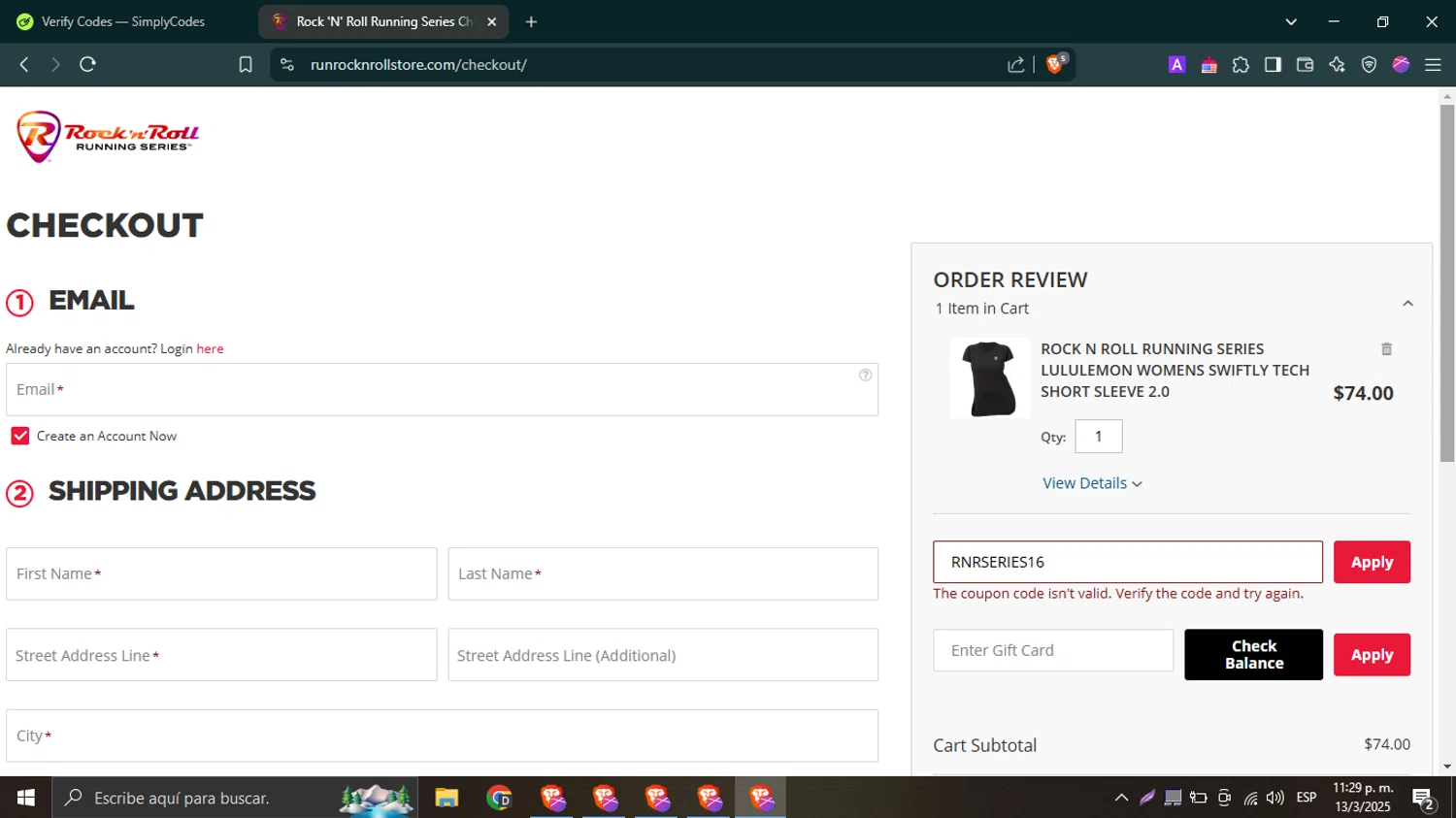 Rock 'n' Roll Marathon coupon code screenshot showing code RNRSERIES16 applied at Rock 'n' Roll Marathon checkout page. Uploaded by SimplyCodes community member PrimeWhiz4850 on Mar 14, 2025