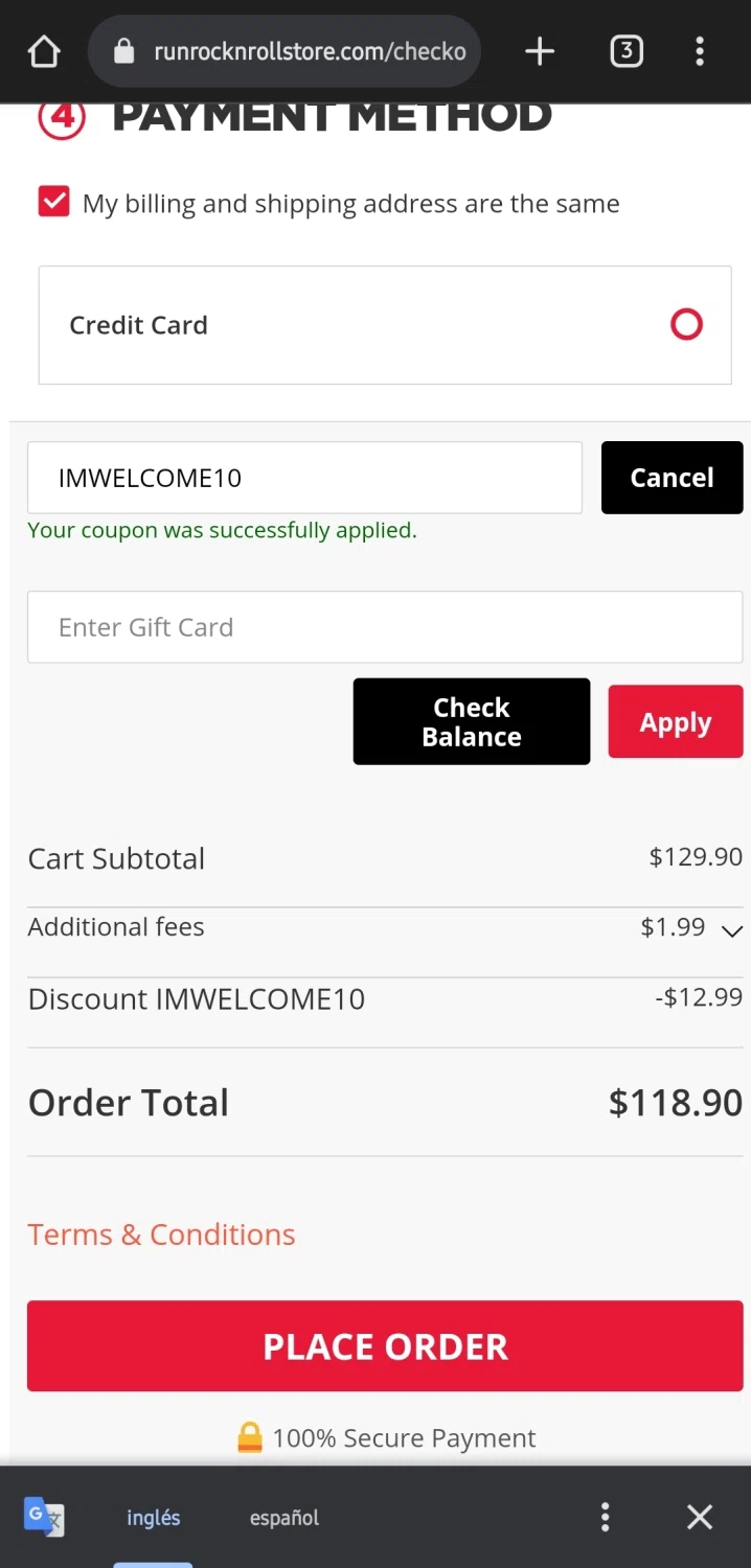 Rock 'n' Roll Marathon checkout page showing Rock 'n' Roll Marathon coupon code box | Screenshot taken by SimplyCodes community member on Jul 31, 2023