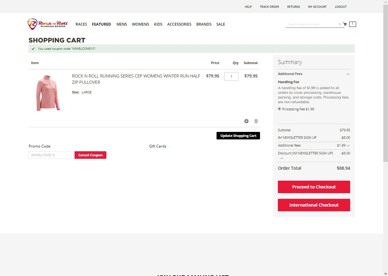 Rock 'n' Roll Marathon checkout page showing Rock 'n' Roll Marathon coupon code box | Screenshot taken by SimplyCodes community member on Feb 5, 2023