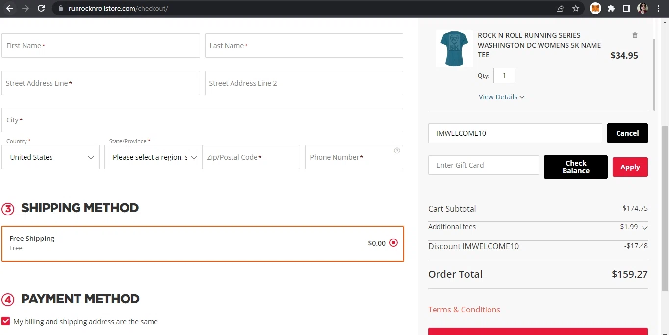Rock 'n' Roll Marathon checkout page showing Rock 'n' Roll Marathon coupon code box | Screenshot taken by SimplyCodes community member on Jun 27, 2023