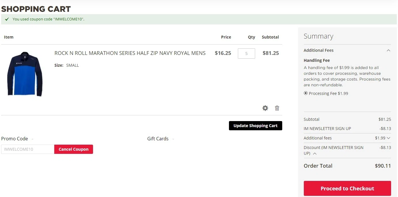 Rock 'n' Roll Marathon checkout page showing Rock 'n' Roll Marathon coupon code box | Screenshot taken by SimplyCodes community member on Dec 8, 2022