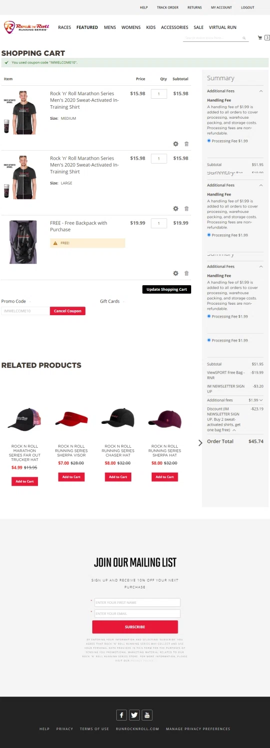 Rock 'n' Roll Marathon checkout page showing Rock 'n' Roll Marathon coupon code box | Screenshot taken by SimplyCodes community member on Jan 19, 2023