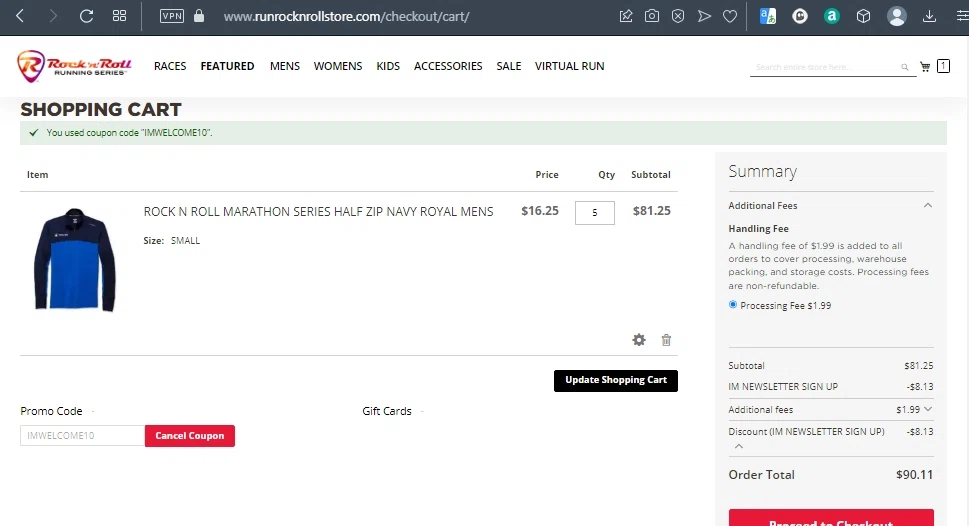 Rock 'n' Roll Marathon checkout page showing Rock 'n' Roll Marathon coupon code box | Screenshot taken by SimplyCodes community member on Jan 6, 2023