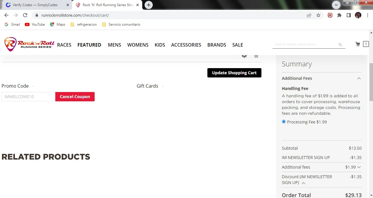 Rock 'n' Roll Marathon checkout page showing Rock 'n' Roll Marathon coupon code box | Screenshot taken by SimplyCodes community member on Jan 30, 2023