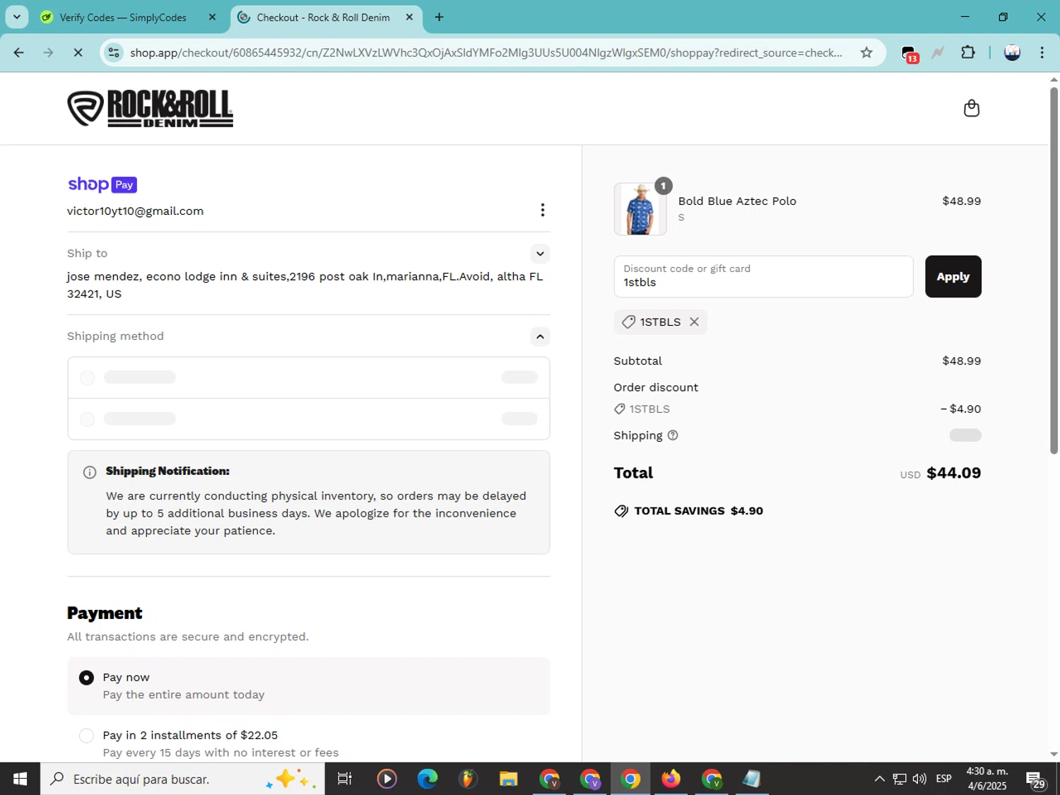 Rock & Roll Denim coupon code screenshot showing code 1stbls applied at Rock & Roll Denim checkout page. Uploaded by SimplyCodes community member Soyvictor on Jun 4, 2025