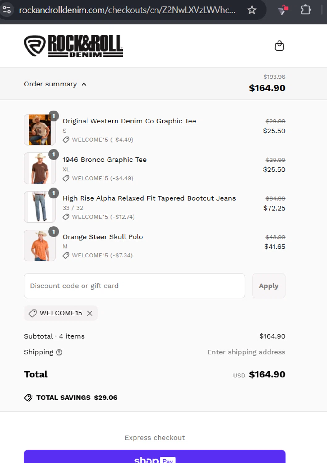 Rock & Roll Denim coupon code screenshot showing code Welcome15 applied at Rock & Roll Denim checkout page. Uploaded by SimplyCodes community member RafaLB on Jun 20, 2025