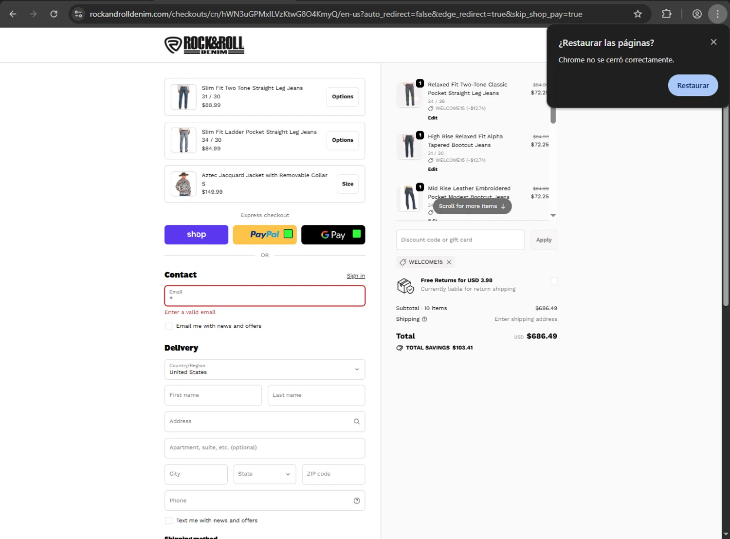 Rock & Roll Denim coupon code screenshot showing code Welcome15 applied at Rock & Roll Denim checkout page. Uploaded by SimplyCodes community member ShrewdDefender8496 on Oct 9, 2025