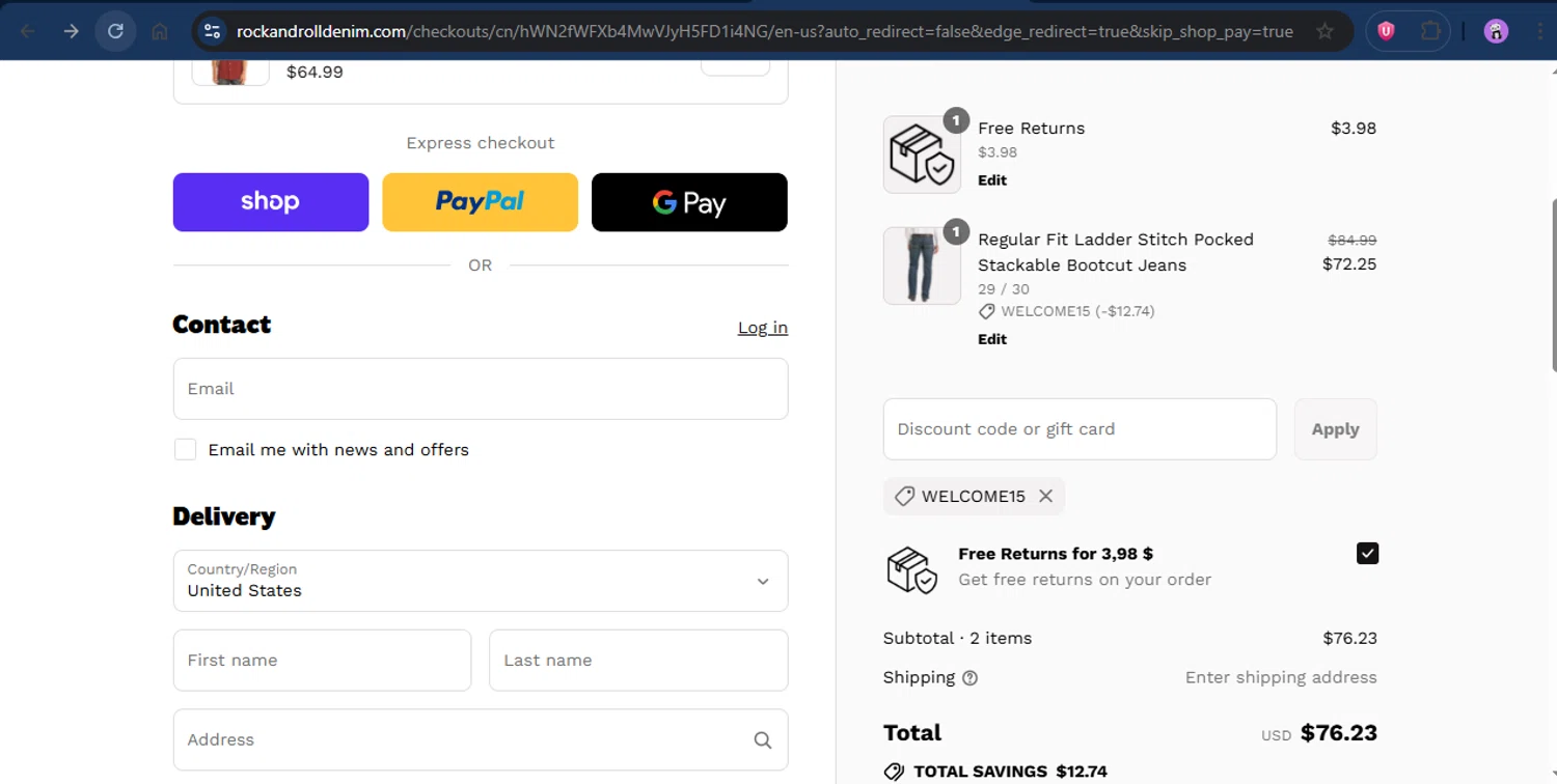 Rock & Roll Denim coupon code screenshot showing code Welcome15 applied at Rock & Roll Denim checkout page. Uploaded by SimplyCodes community member rapc3030 on Sep 6, 2025
