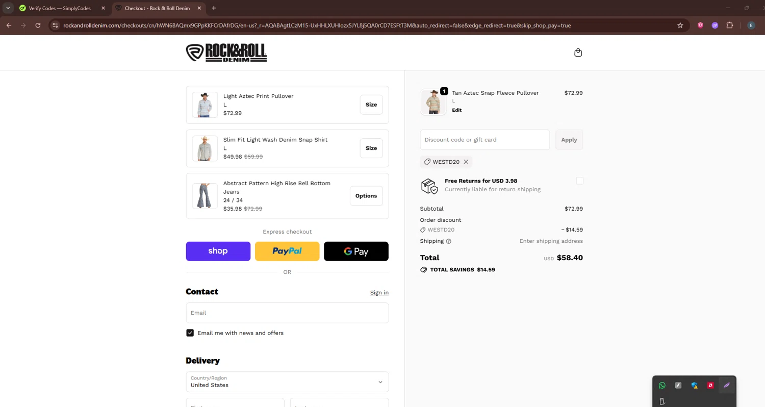 Rock & Roll Denim coupon code screenshot showing code WESTD20 applied at Rock & Roll Denim checkout page. Uploaded by SimplyCodes community member GloriousPioneer2942 on Dec 8, 2025
