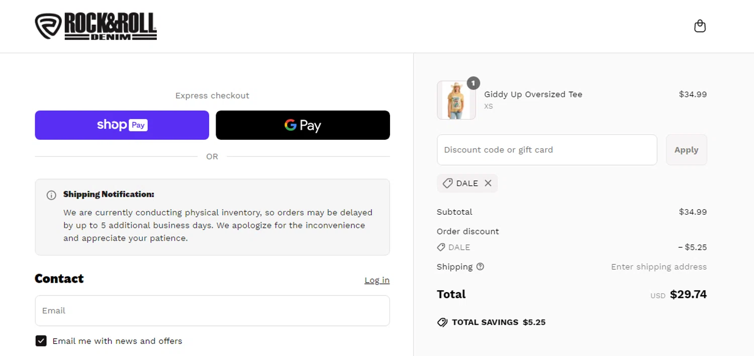 Rock & Roll Denim coupon code screenshot showing code DALE applied at Rock & Roll Denim checkout page. Uploaded by SimplyCodes community member RonaldAcunaJr on Jun 1, 2025