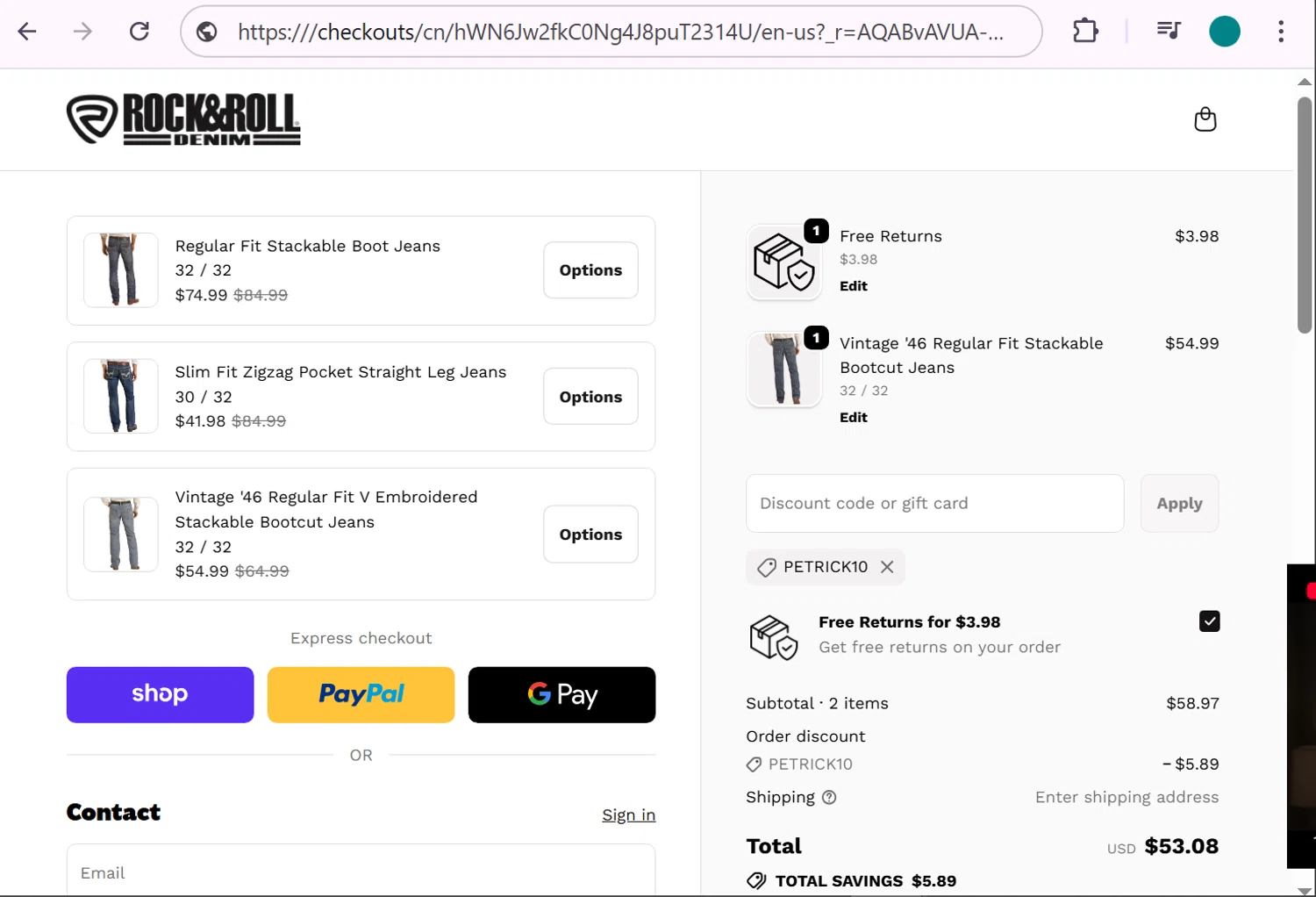 Rock & Roll Denim coupon code screenshot showing code Petrick10 applied at Rock & Roll Denim checkout page. Uploaded by SimplyCodes community member anosesmith on Dec 11, 2025
