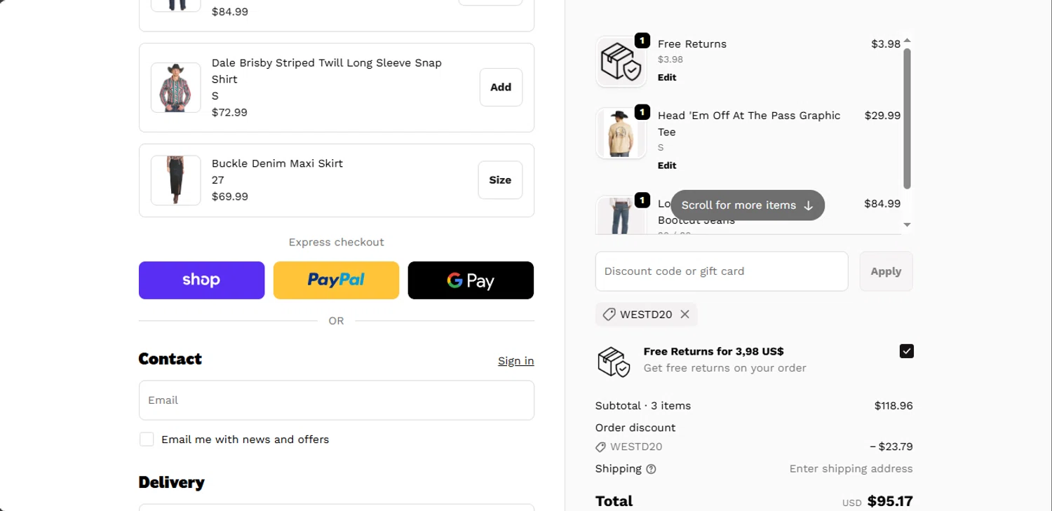 Rock & Roll Denim coupon code screenshot showing code WESTD20 applied at Rock & Roll Denim checkout page. Uploaded by SimplyCodes community member jupitera on Oct 22, 2025