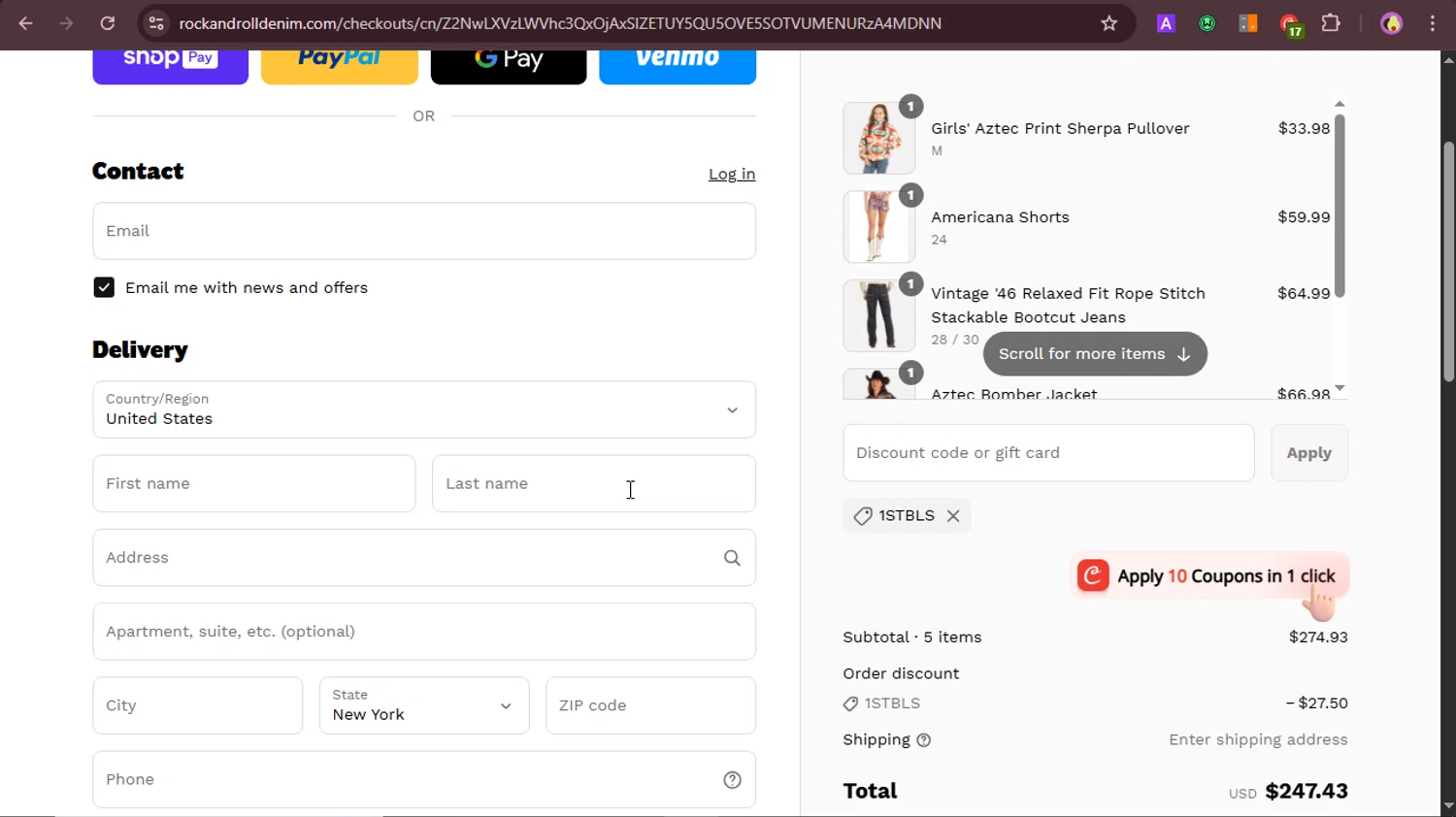 Rock & Roll Denim coupon code screenshot showing code 1STBLS applied at Rock & Roll Denim checkout page. Uploaded by SimplyCodes community member LOVECOUPON on May 17, 2025