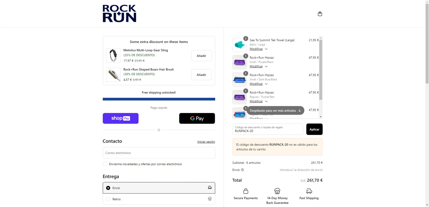 Rock + Run coupon code screenshot showing code RUNPACK-20 applied at Rock + Run checkout page. Uploaded by SimplyCodes community member NobleMaestro6498 on Aug 20, 2025