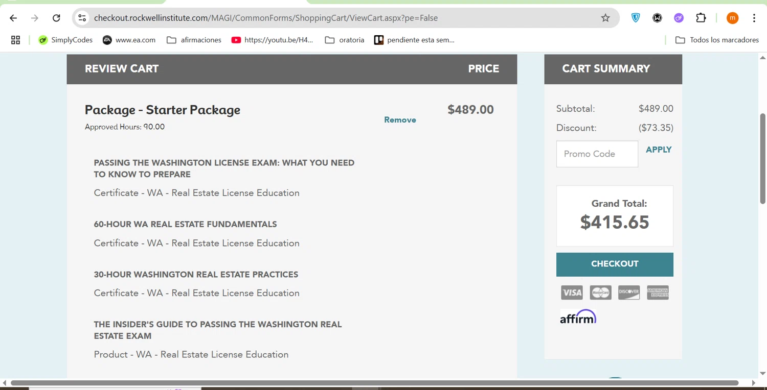 Rockwell Institute promo code screenshot showing code GETLICENSED15 applied at Rockwell Institute checkout page. Uploaded by SimplyCodes community member ROIS28 on May 13, 2025