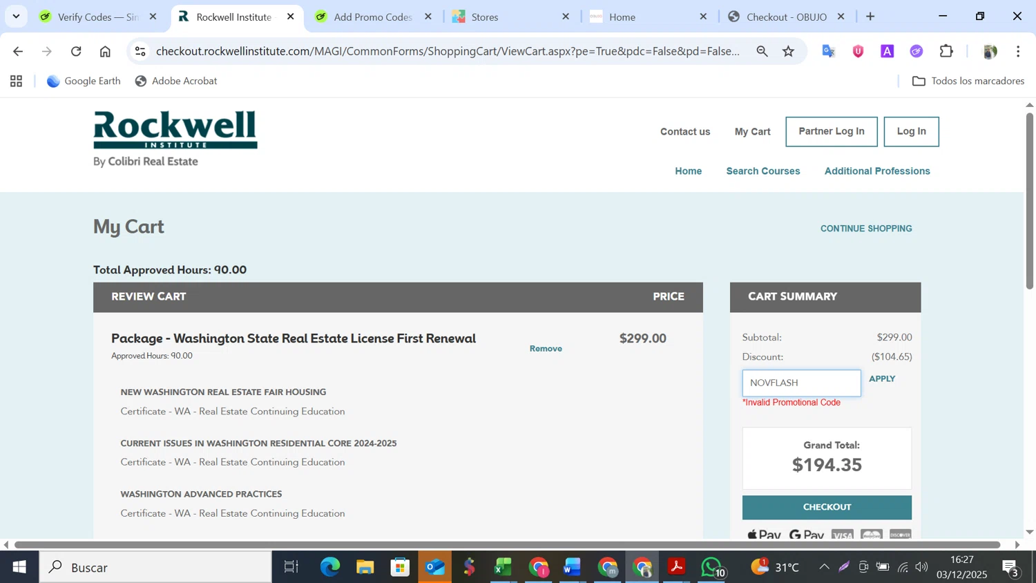 Rockwell Institute promo code screenshot showing code NOVFLASH applied at Rockwell Institute checkout page. Uploaded by SimplyCodes community member NobleMonarch5837 on Dec 3, 2025