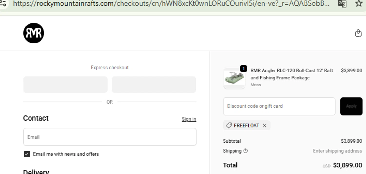 Rocky Mountain Rafts promo code screenshot showing code FREEFLOAT applied at Rocky Mountain Rafts checkout page. Uploaded by SimplyCodes community member RewardFinder4836 on Feb 19, 2026