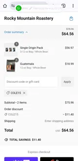 Cole15 coupon verification screenshot