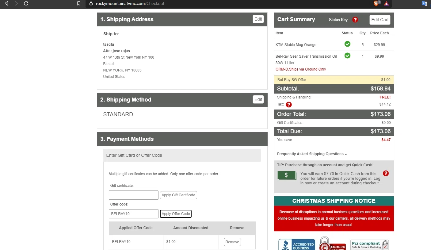 Rocky Mountain ATVMC checkout page showing Rocky Mountain ATVMC promo code box | Screenshot taken by SimplyCodes community member on Nov 23, 2020