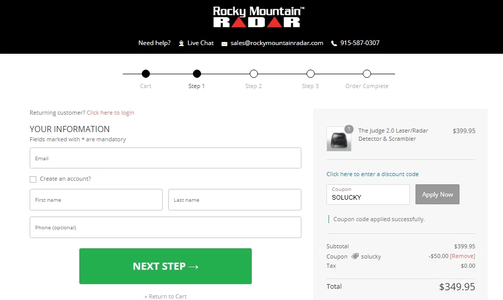 Rocky Mountain Radar checkout page showing Rocky Mountain Radar coupon code box | Screenshot taken by SimplyCodes community member on Jan 2, 2021