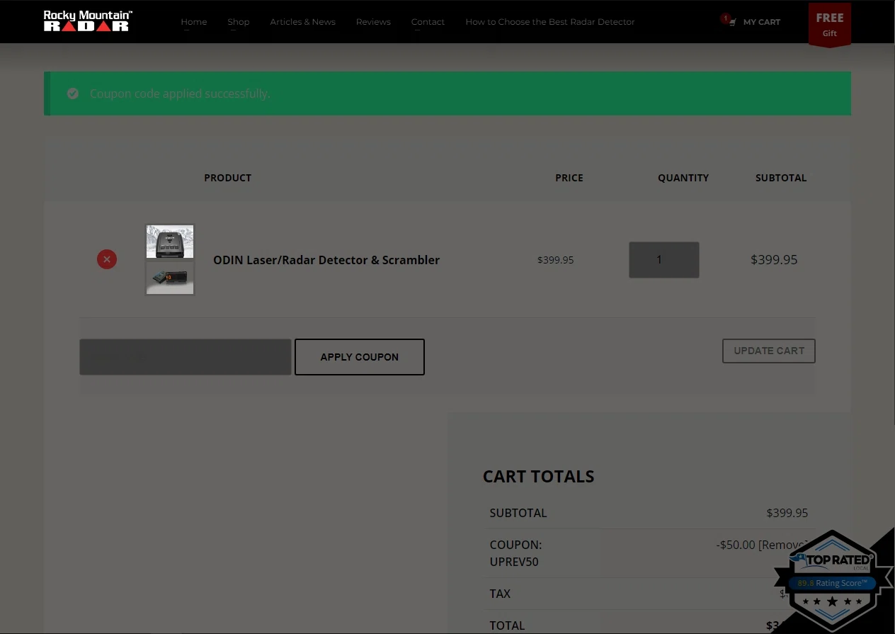 Rocky Mountain Radar checkout page showing Rocky Mountain Radar coupon code box | Screenshot taken by SimplyCodes community member on May 9, 2023
