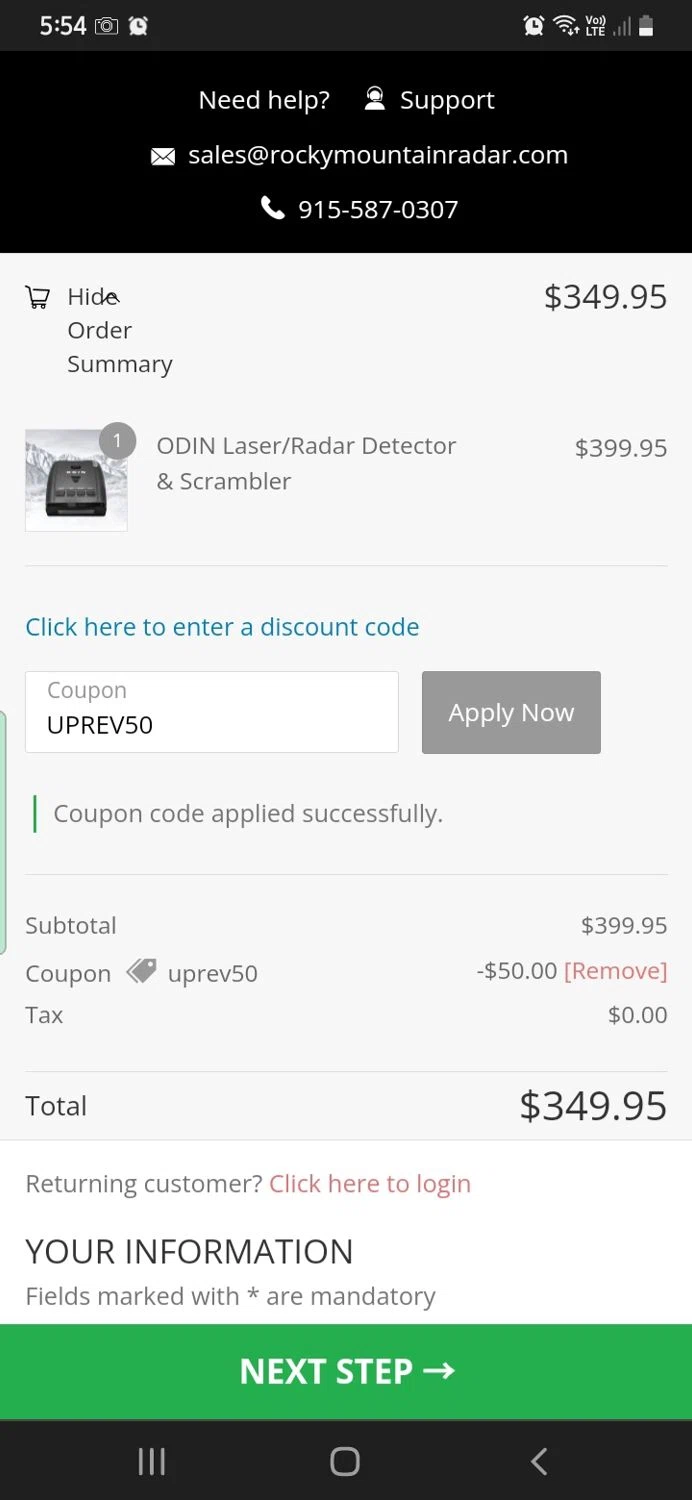 Rocky Mountain Radar checkout page showing Rocky Mountain Radar coupon code box | Screenshot taken by SimplyCodes community member on Oct 30, 2023