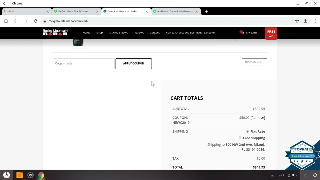Rocky Mountain Radar checkout page showing Rocky Mountain Radar coupon code box | Screenshot taken by SimplyCodes community member on Jan 20, 2021