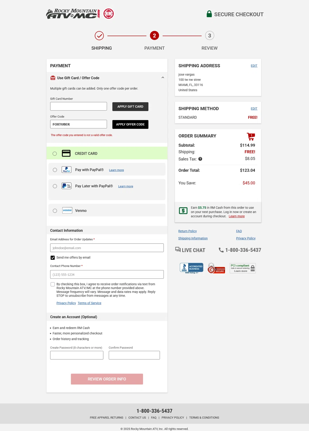 Rocky Mountain ATVMC promo code screenshot showing code FOXTUBER applied at Rocky Mountain ATVMC checkout page. Uploaded by SimplyCodes community member WladimirV on Jun 17, 2025