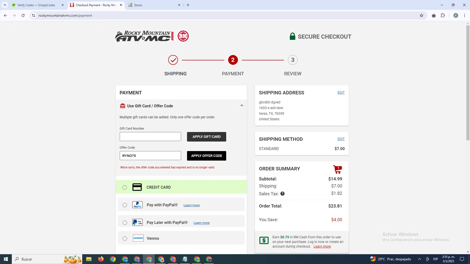 Rocky Mountain ATVMC promo code screenshot showing code RYNO75 applied at Rocky Mountain ATVMC checkout page. Uploaded by SimplyCodes community member SavingsBoss9912 on Mar 3, 2025
