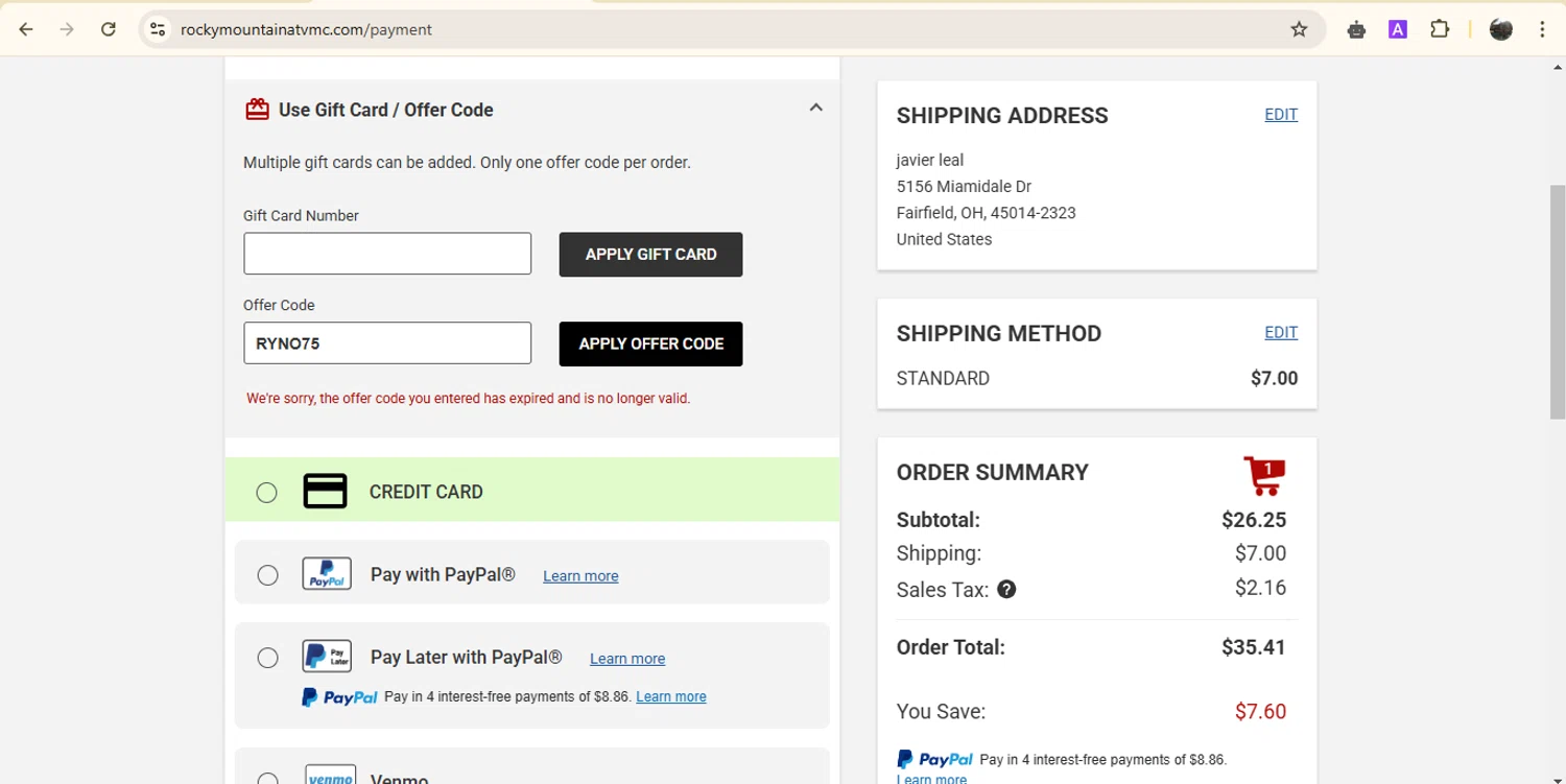 Rocky Mountain ATVMC promo code screenshot showing code RYNO75 applied at Rocky Mountain ATVMC checkout page. Uploaded by SimplyCodes community member onebullet on Mar 3, 2025