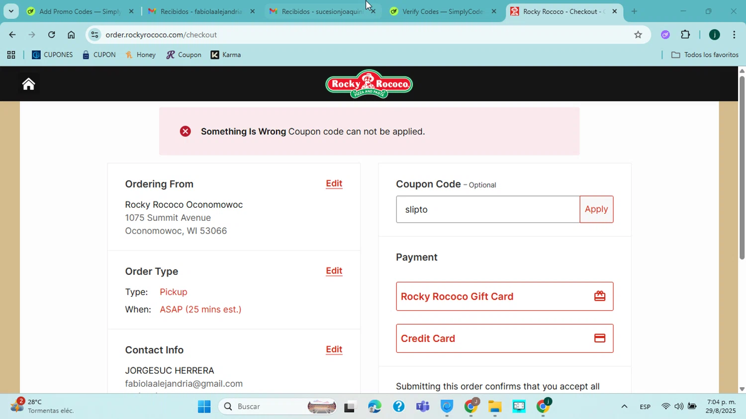 Rocky Rococo promo code screenshot showing code slipto applied at Rocky Rococo checkout page. Uploaded by SimplyCodes community member jorgejavierherrera on Aug 29, 2025