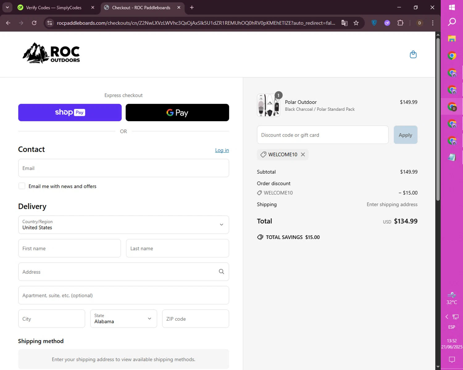 ROC SUP Co. promo code screenshot showing code WELCOME10 applied at ROC SUP Co. checkout page. Uploaded by SimplyCodes community member mileSalima on Jun 21, 2025