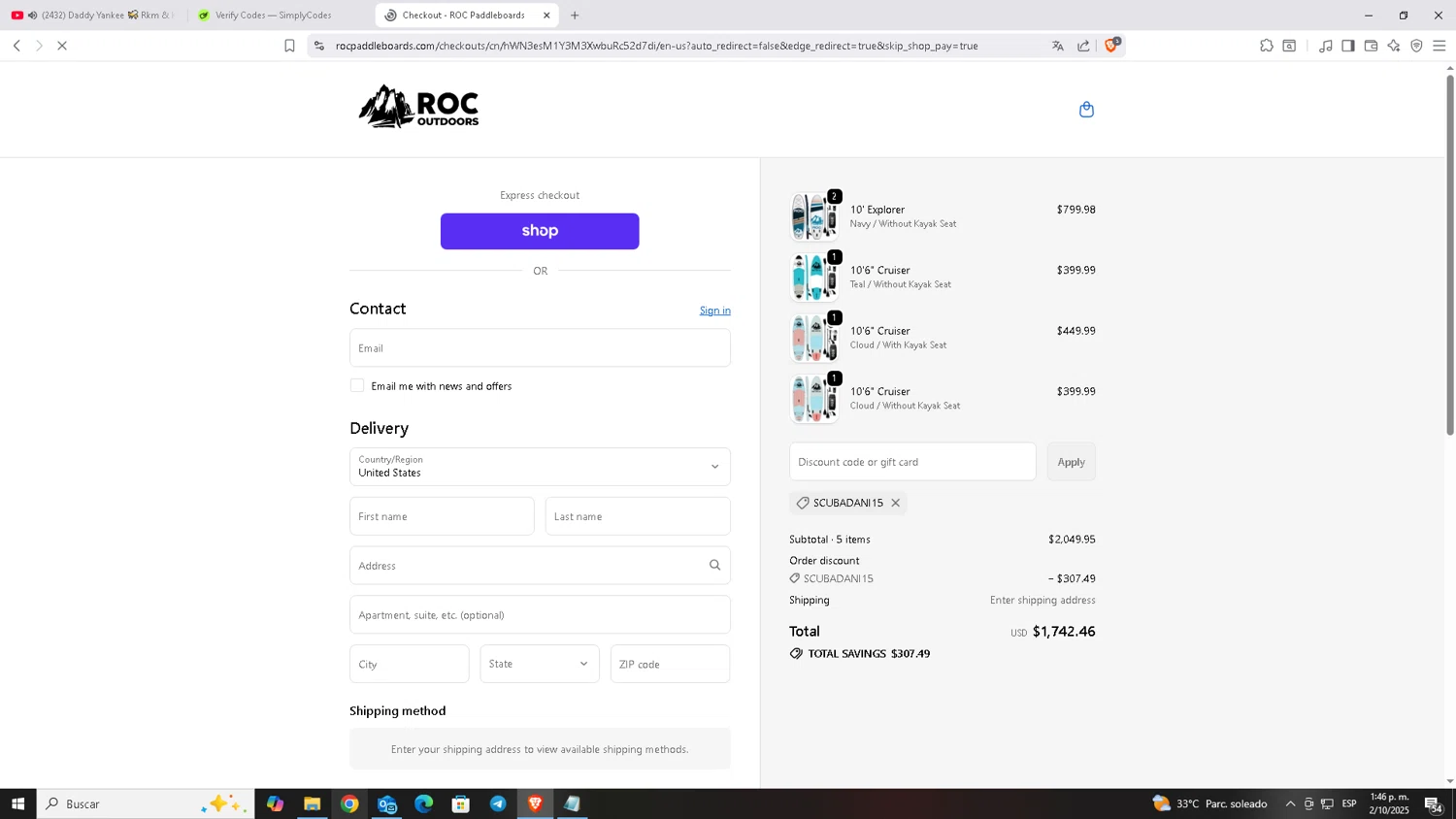 ROC SUP Co. promo code screenshot showing code SCUBADANI15 applied at ROC SUP Co. checkout page. Uploaded by SimplyCodes community member Carloscoder_900457733 on Oct 2, 2025